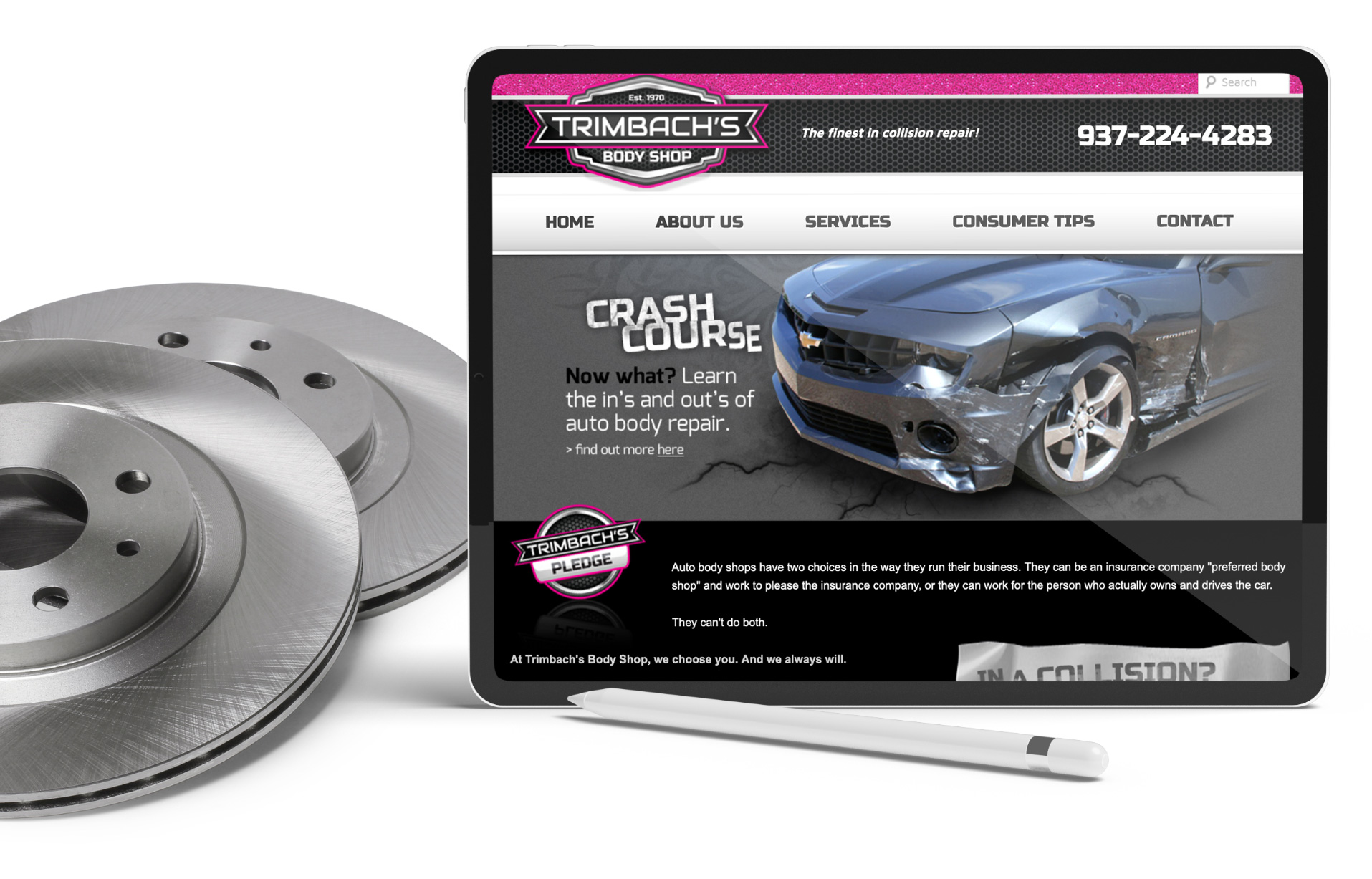 Trimbach's Body Shop home page on tabet