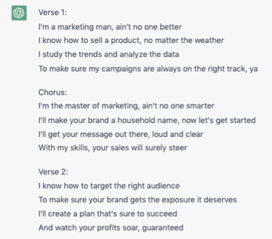 Screenshot of chatGPT generated rap about marketing