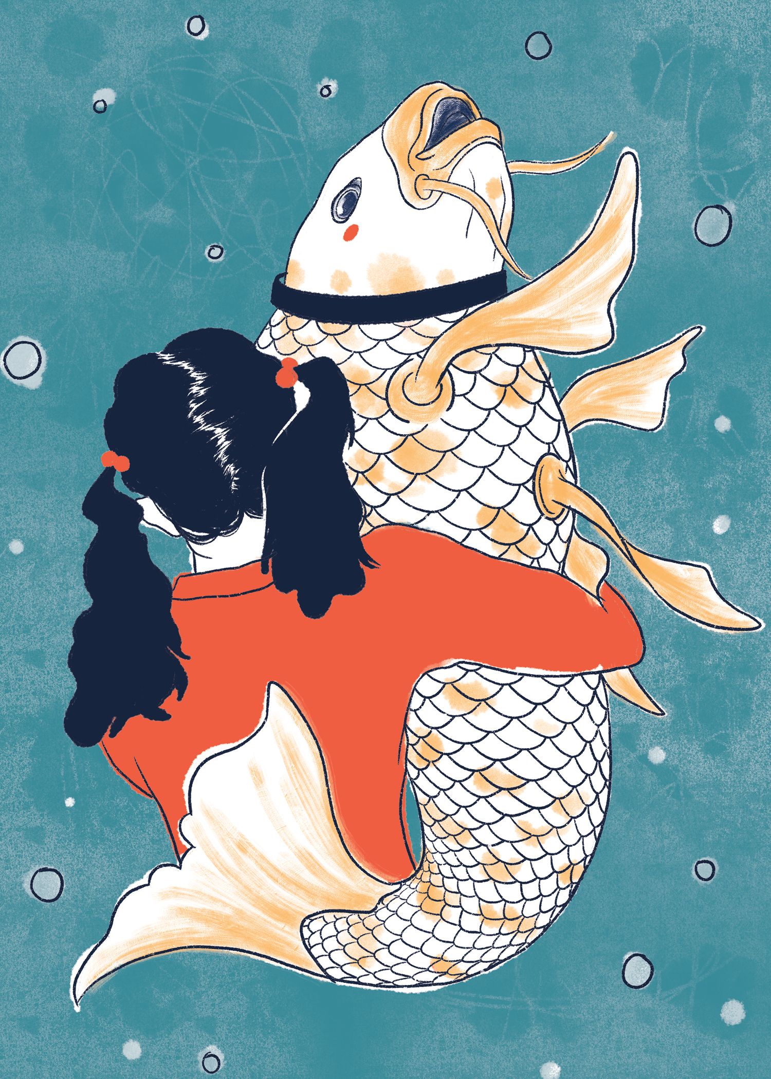 Illustration of a girl holding a fish